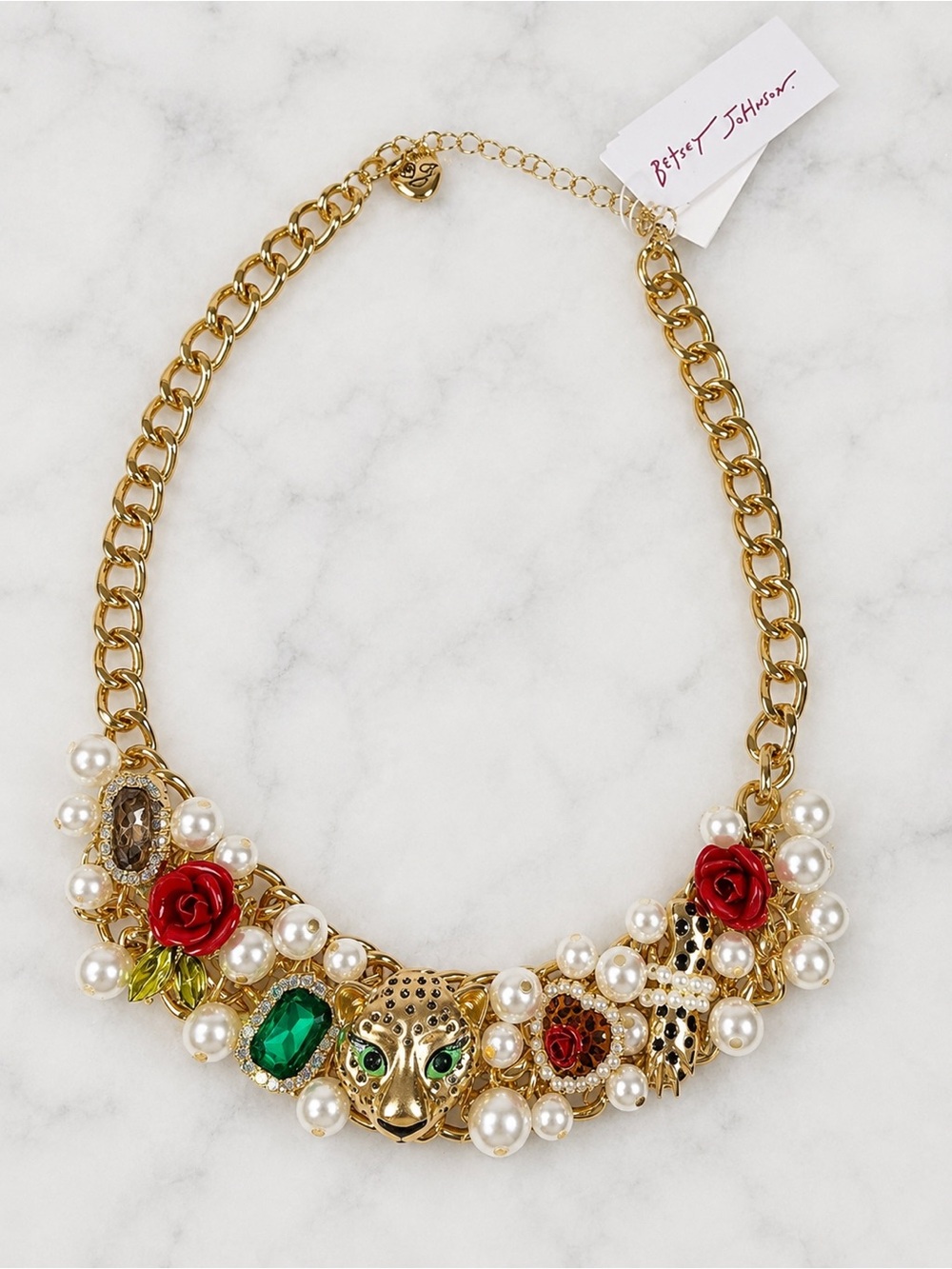 Betsey Johnson Gold Tone Leopard Rose Pearl Green Crystal Statement Necklace NWT
